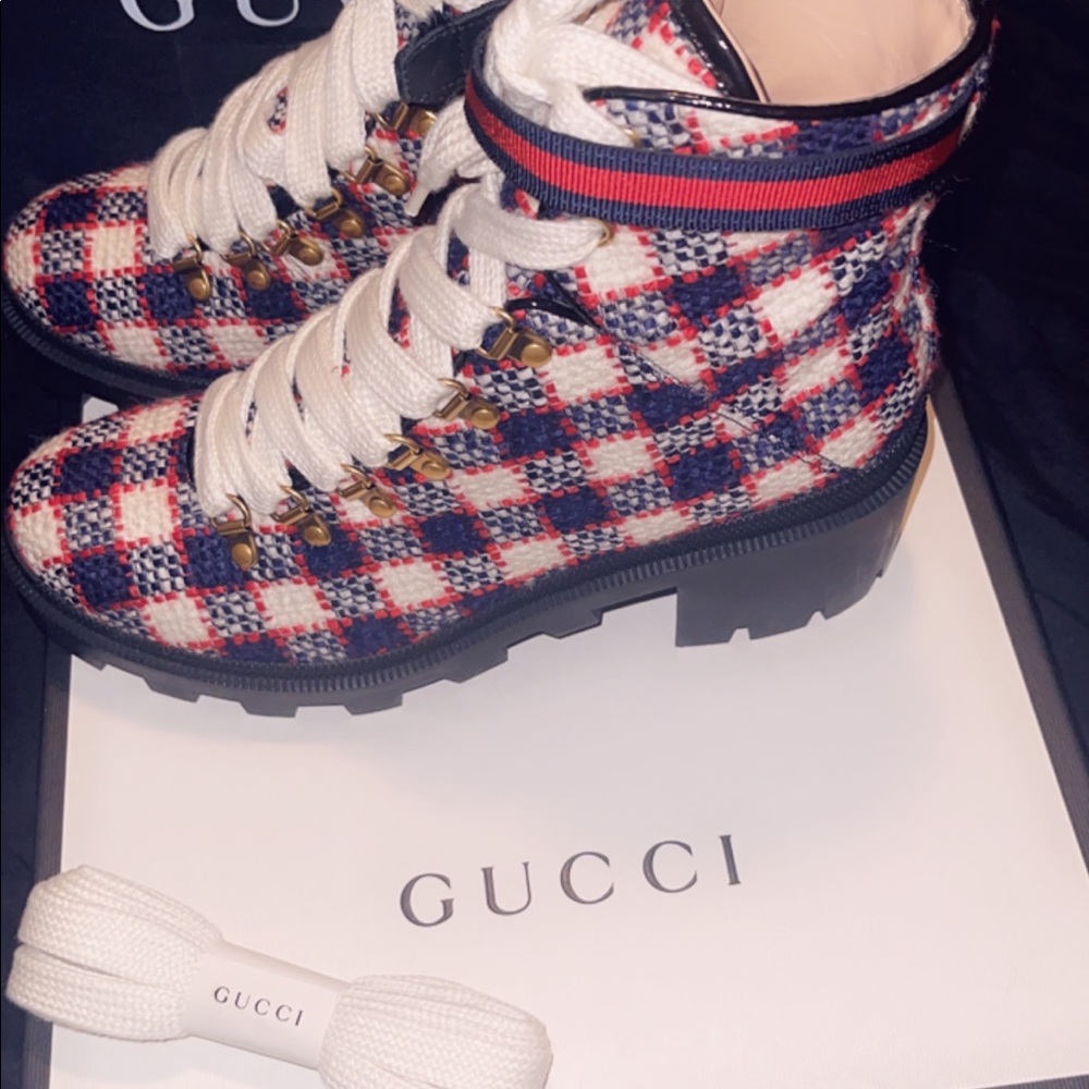 Gucci Women Vintage Tweed Check Lace Up Combat Ankle Boots Size 12